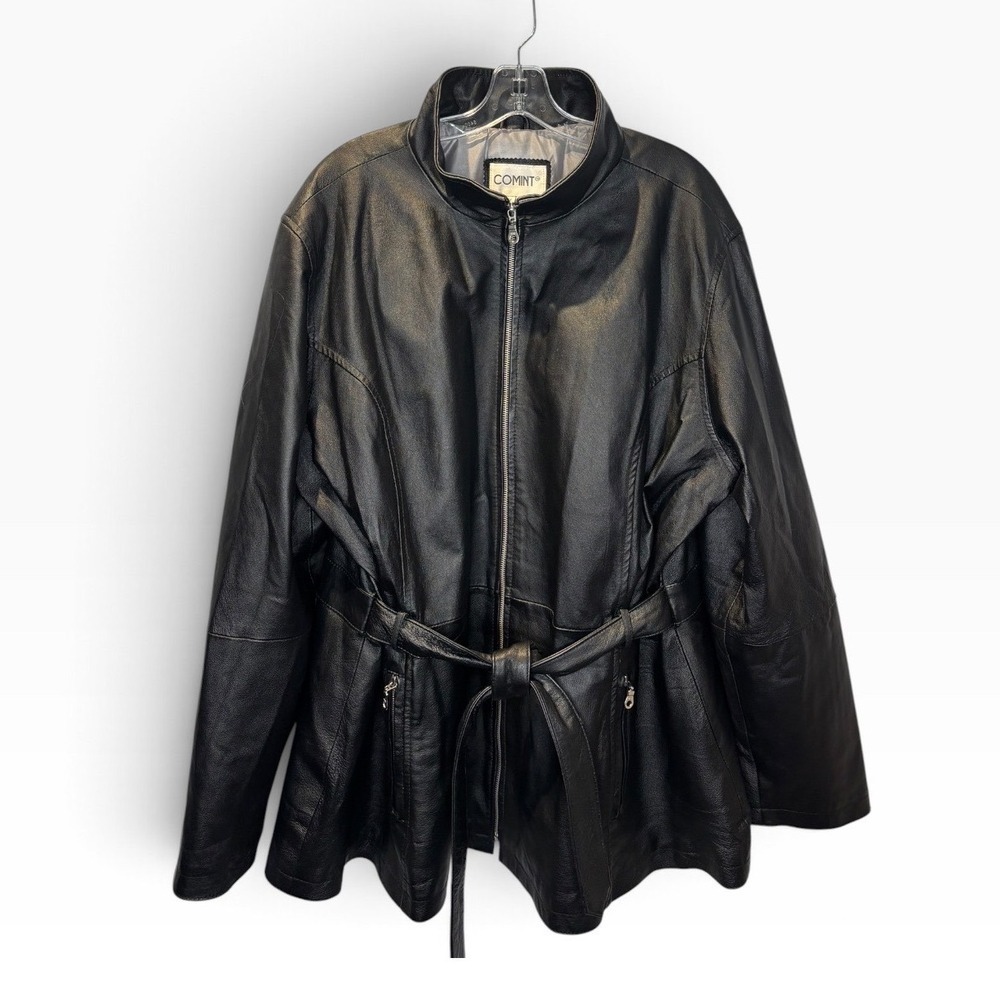 Comint Leather Jacket Women 2X Black Good Belted Zip Front Mock Neck Coat